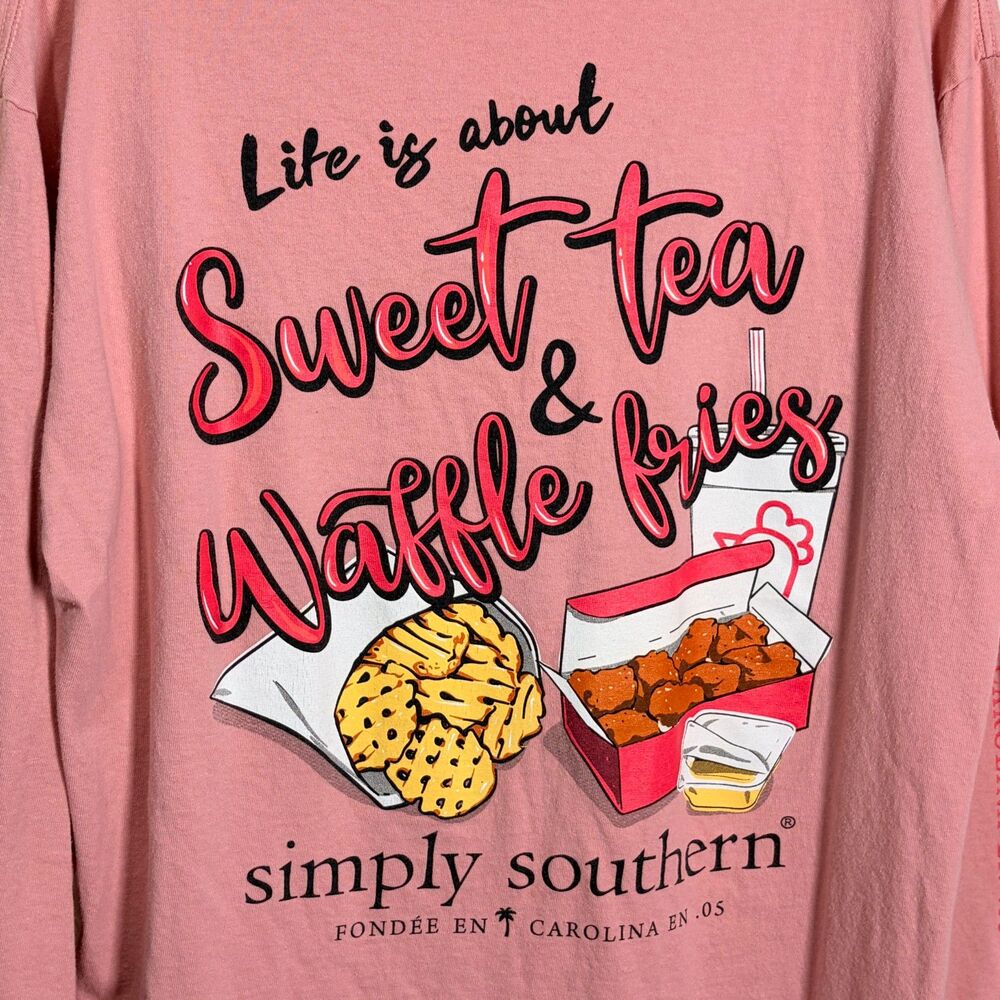 Simply Southern Sweet Tea Waffle Fries Long Sleeve Graphic Shirt Pink Large